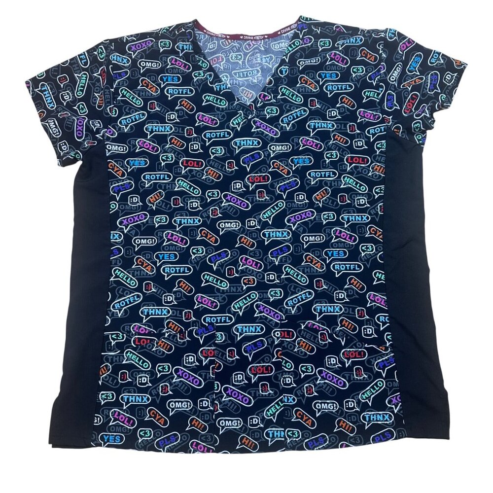 Divine Stretch Black Scrub Top Women’s Size L – Printed, V-Neck, 3 Pockets